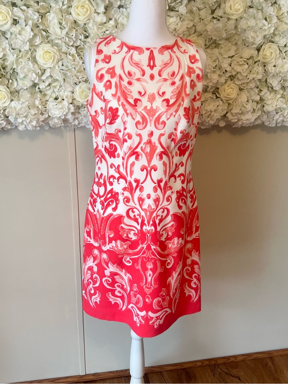 Lauren Ralph Lauren White Dress with Coral Scroll Pattern